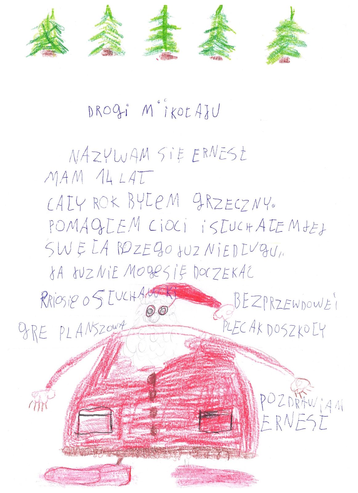 Odręczny list do Mikołaja od Ernesta, 14 lat